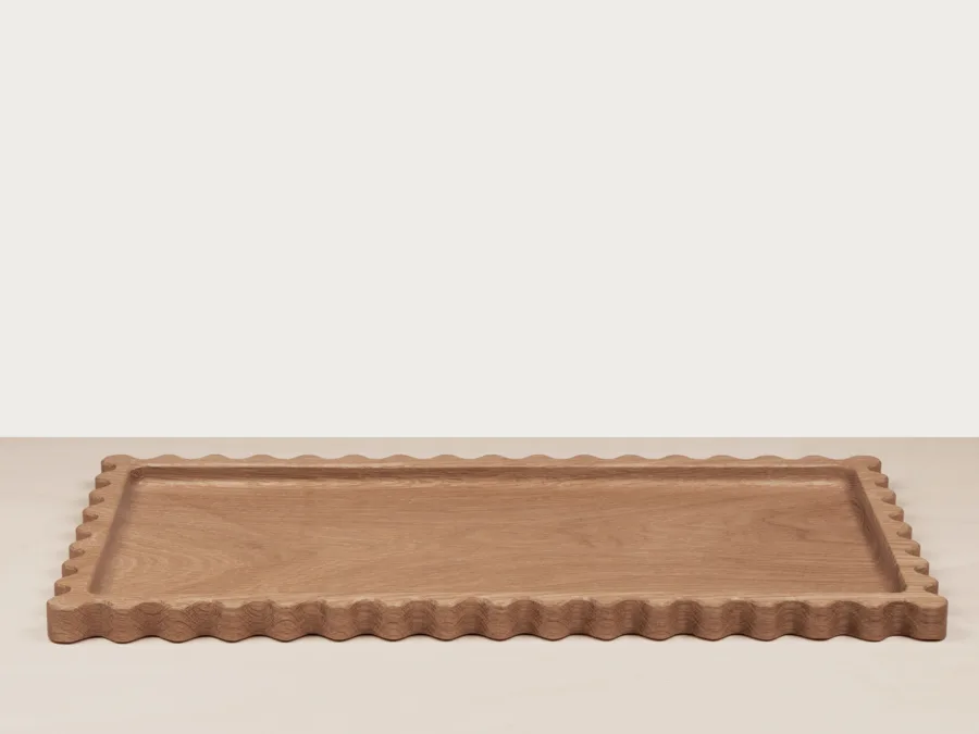 Large scalloped oak tray, angled studio shot