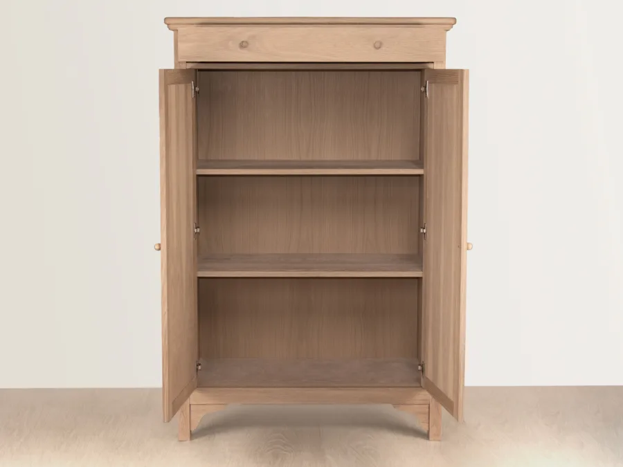 Light oak cabinet with both doors open, showing interior shelves