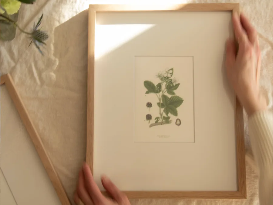 Hands holding a thin oak picture frame with a botanical print