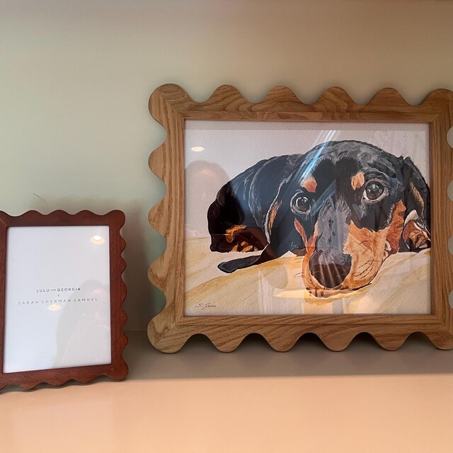 Customer photo of a white oak Elise scallop frame with a dog portrait