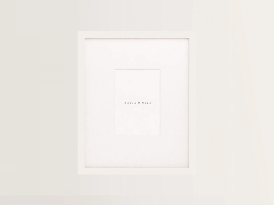 Custom-cut white mat board with a centered opening, by Sofia & Nils